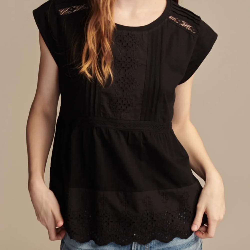 Lucky Brand Embroidered Peplum Tee Boho Black‎ Scallop Hem Cotton Top Small S